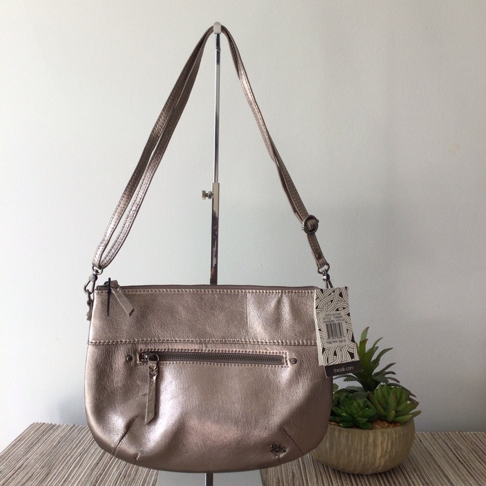 NWT THE SAK 100% LEATHER Silver  Metallic Crossbody Bag Purse